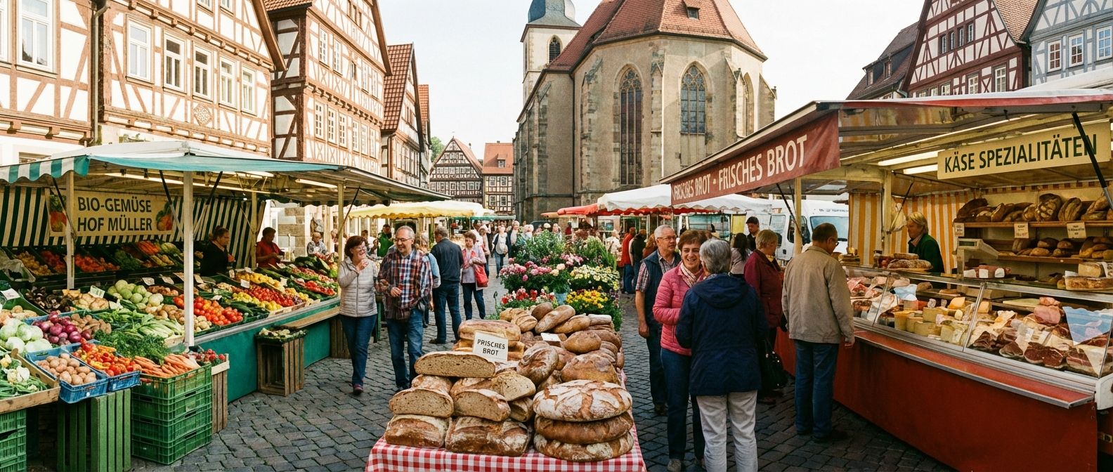 A vibrant, wide-angle photograph of a bustling German Wochenmarkt (weekly market), with stalls overflowing with colorful fresh produce, artisanal bread, and a variety of other goods. People happily browse and interact in warm, natural daylight, capturing an authentic and lively atmosphere.
