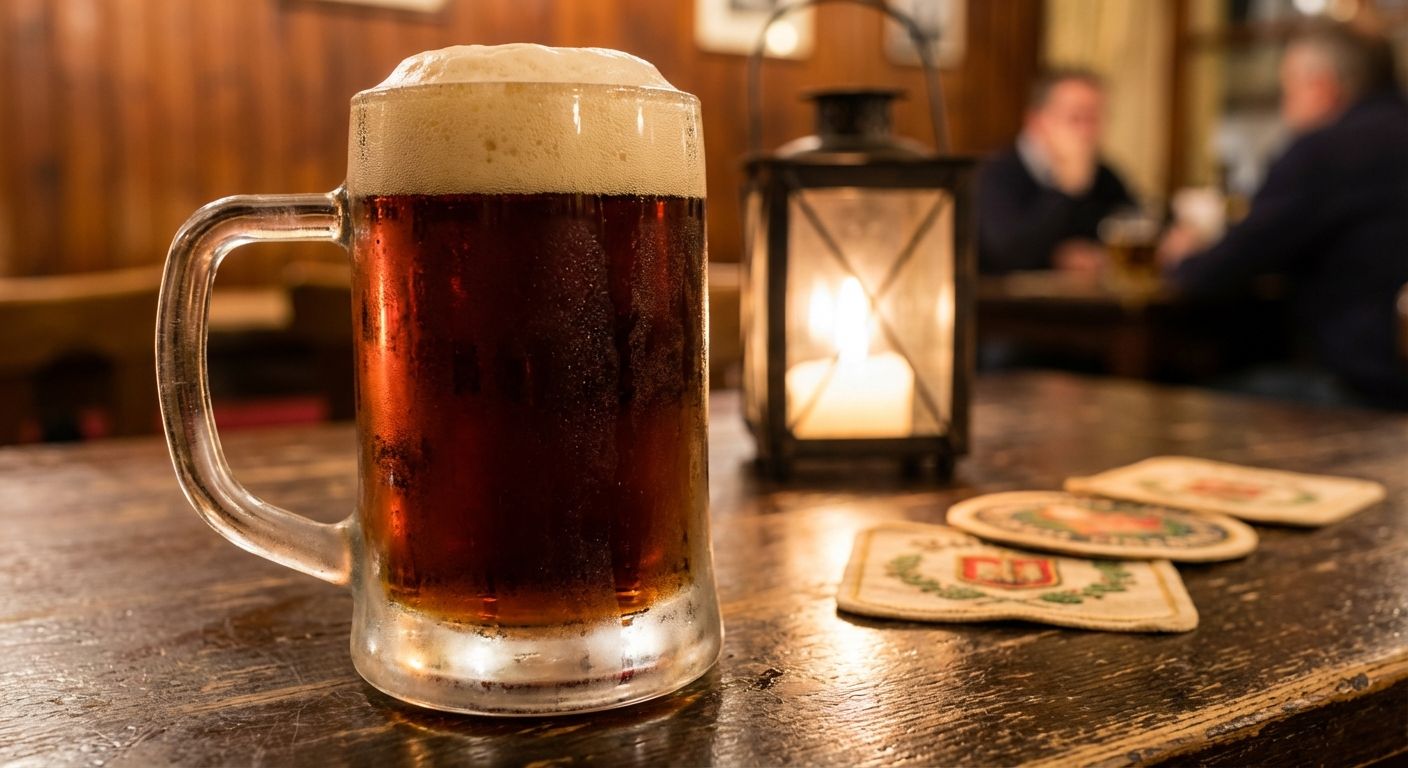 A dramatic close-up photograph of a frosty mug of cold German beer, condensation clinging to the glass, sitting on a dark wooden table in a dimly lit, traditional German pub. The beer looks perfectly poured and inviting, conveying a sense of rich character and completeness, as if no further description is needed.