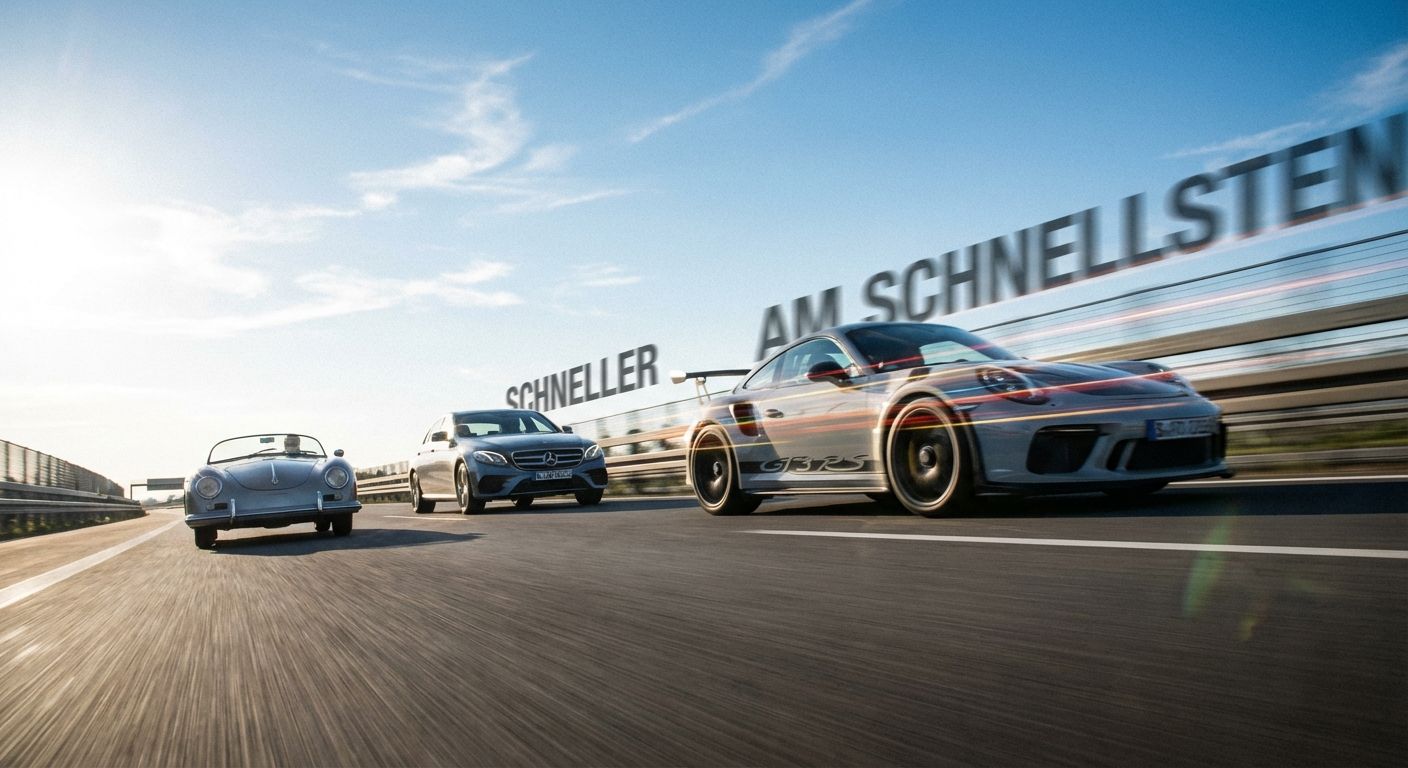 A dramatic, low-angle photograph capturing three iconic German cars – a classic vintage model, a sleek modern sedan, and a high-performance sports car – racing on a scenic German autobahn. The sports car leads the others with a dynamic motion blur, visually representing "faster" and "the fastest" under a bright, clear sky.