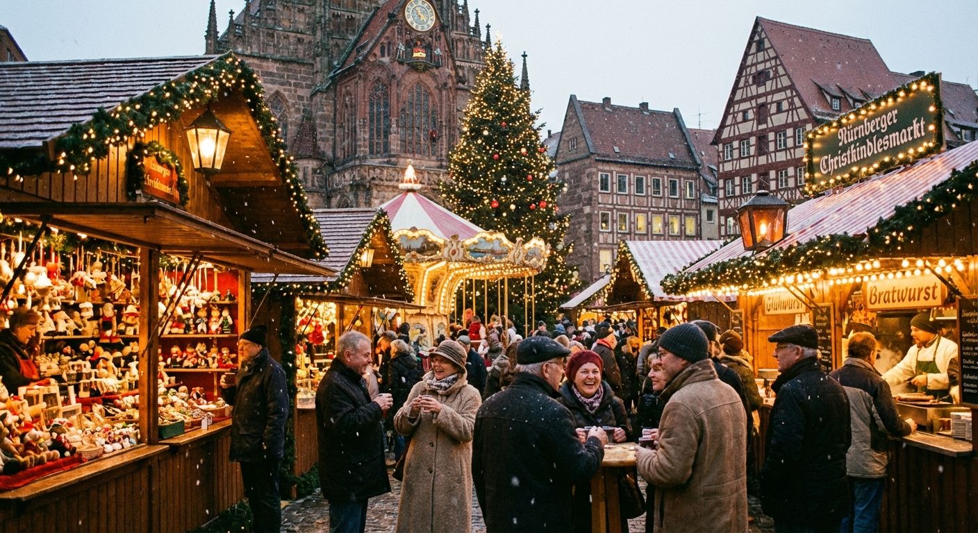 A warm, inviting photograph of a bustling traditional German Christmas market at dusk. Festively lit wooden stalls showcase handcrafted goods and delicious treats, as people bundled in winter clothing socialize, laugh, and enjoy the vibrant cultural atmosphere.