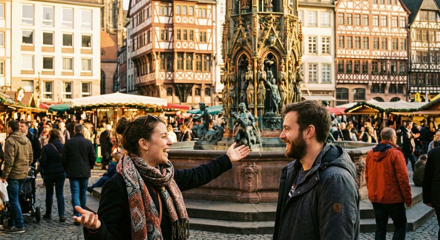 A candid, vibrant photograph of two friends engaged in animated conversation in a bustling traditional German Marktplatz during golden hour. One friend gestures towards an ornate historical fountain in the midground, drawing the other's attention to its intricate details amidst the lively scene. The warm, soft light illuminates the rich architecture and vibrant atmosphere.