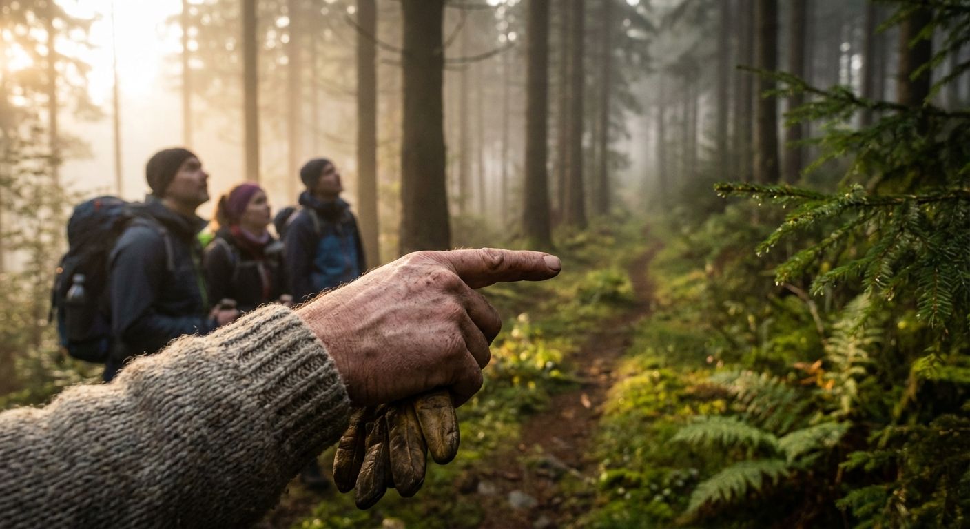 A dramatic, close-up photograph of a seasoned German hiking guide's hand, clearly pointing with purpose along a winding forest path, with a group of hikers in the slightly blurred background looking in the direction indicated. The scene is set in a vibrant, misty Black Forest landscape at dawn, emphasizing guidance and direction.