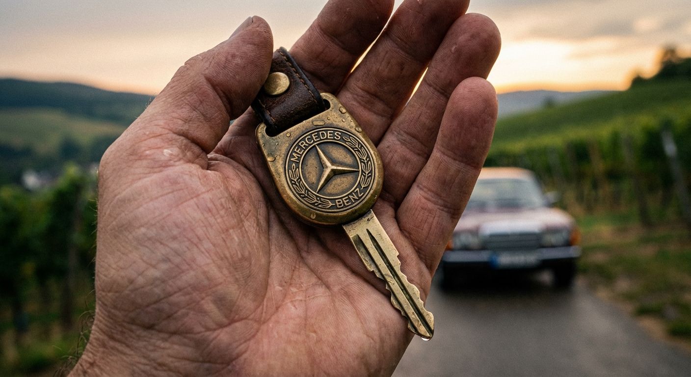 A dramatic close-up photograph of a vintage car key with a classic German car brand emblem, gently held in a person's hand, against a softly blurred background of a scenic German road winding through rolling hills.