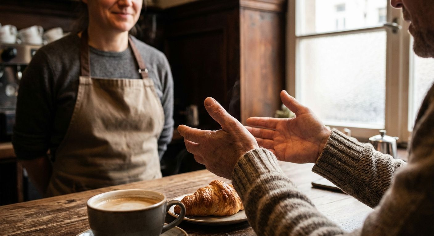 A close-up, candid photograph of a person's hands gently gesturing towards a barista in a warm, inviting German café, with a steaming cup of coffee and a pastry on the wooden table in the foreground. The soft, natural light emphasizes the cozy atmosphere of a polite interaction.