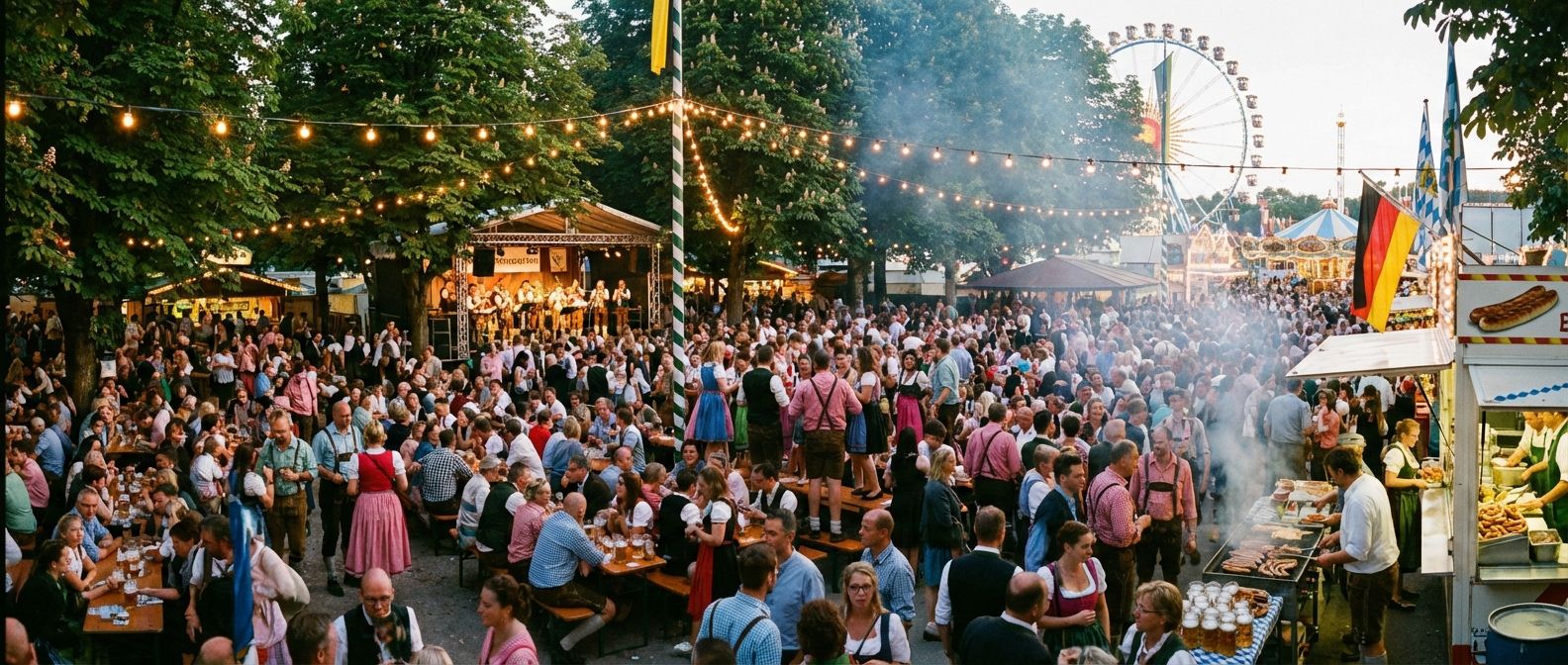 A wide-angle, high-energy photograph of a traditional German Volksfest or Biergarten during summer, filled with people enjoying food, music, and conversation under string lights. The scene is vibrant, warm, and rich in detail, capturing the lively atmosphere and diverse aspects of German culture.