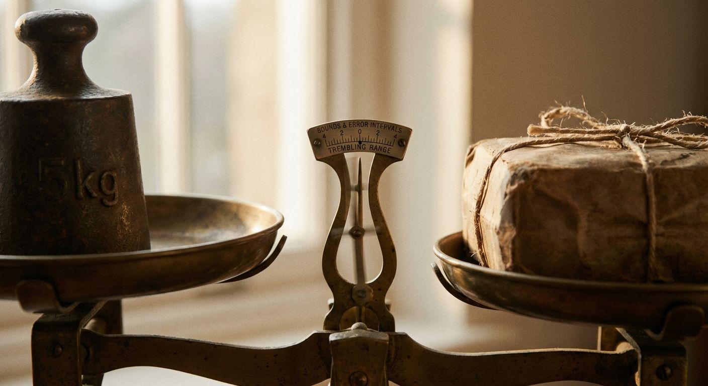 A cinematic close-up of an antique brass balance scale in dramatic, soft light. On one pan rests a 5kg metal weight, while the other holds a small, rustic parcel. The scale's delicate needle is not perfectly still, but subtly oscillates within a narrow, almost imperceptible range around the central balance point, illustrating the concept of bounds and error intervals.