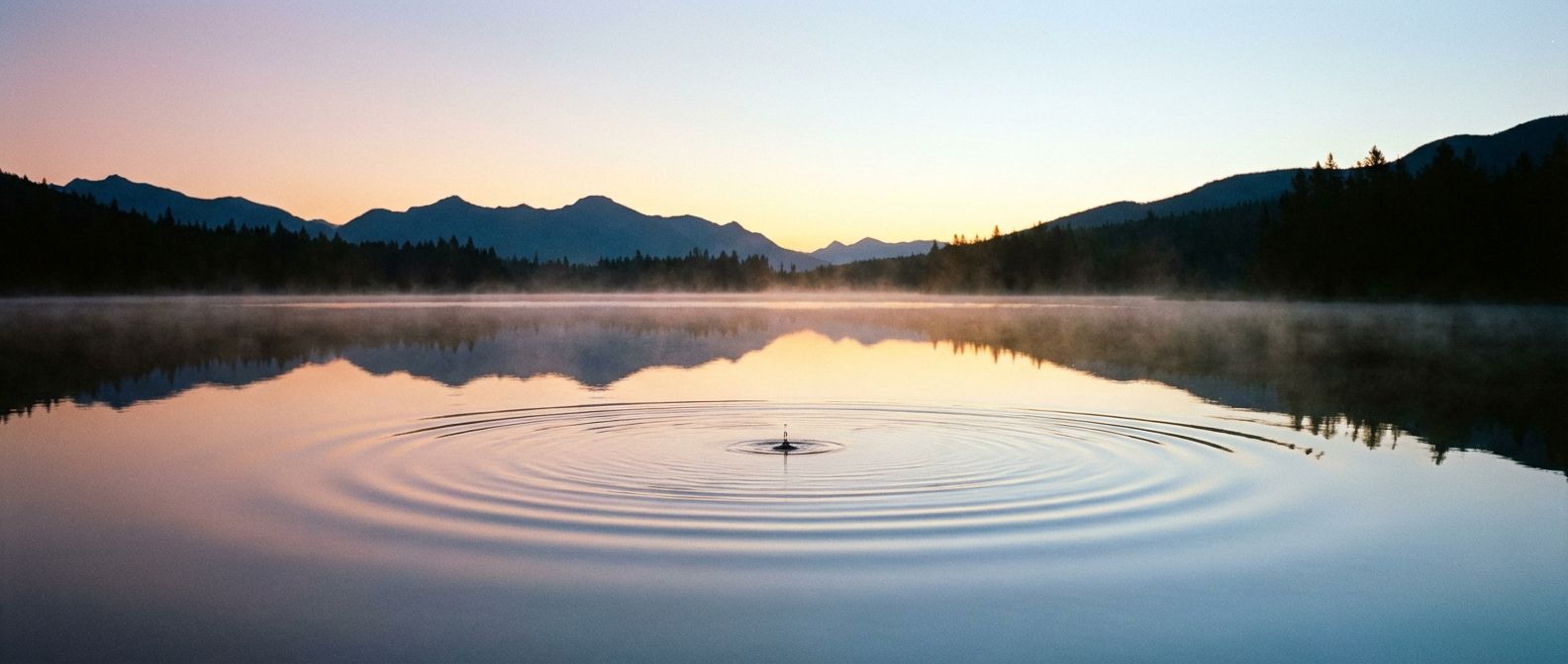 A serene, wide-angle photograph of a perfectly still lake at dawn, reflecting a clear sky. Two distinct, symmetrical ripples gently expand across the mirror-like surface from a single, subtle point of impact, creating a sense of balance and clarity.