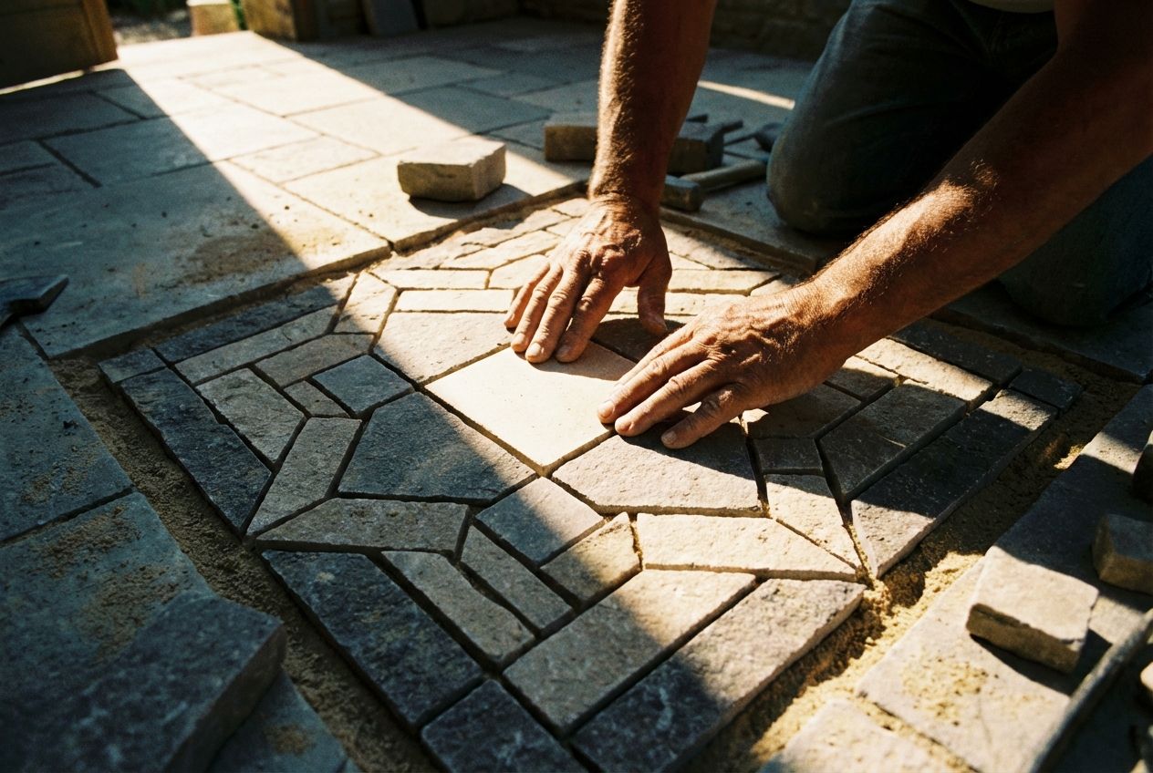 A dramatic close-up photograph of a craftsman's hands meticulously placing the final, perfectly square stone tile into a complex geometric paving pattern on a sunlit patio. A strong, singular beam of light dramatically illuminates the precise center of this newly completed square, symbolizing a pivotal turning point. Wide angle, vivid and detailed, 3:2 landscape.