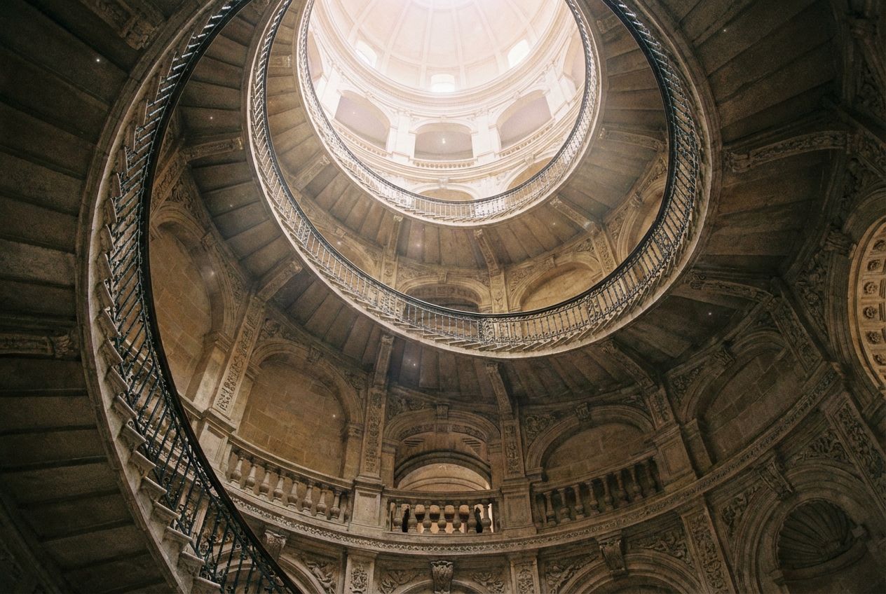 A dramatic wide-angle photograph of a grand, sweeping spiral staircase ascending into a soft, ethereal light from above, emphasizing the repeating steps and the continuous, elegant curve of the structure. The scene is composed for a 3:2 landscape frame, with intricate architectural details and a sense of endless progression.