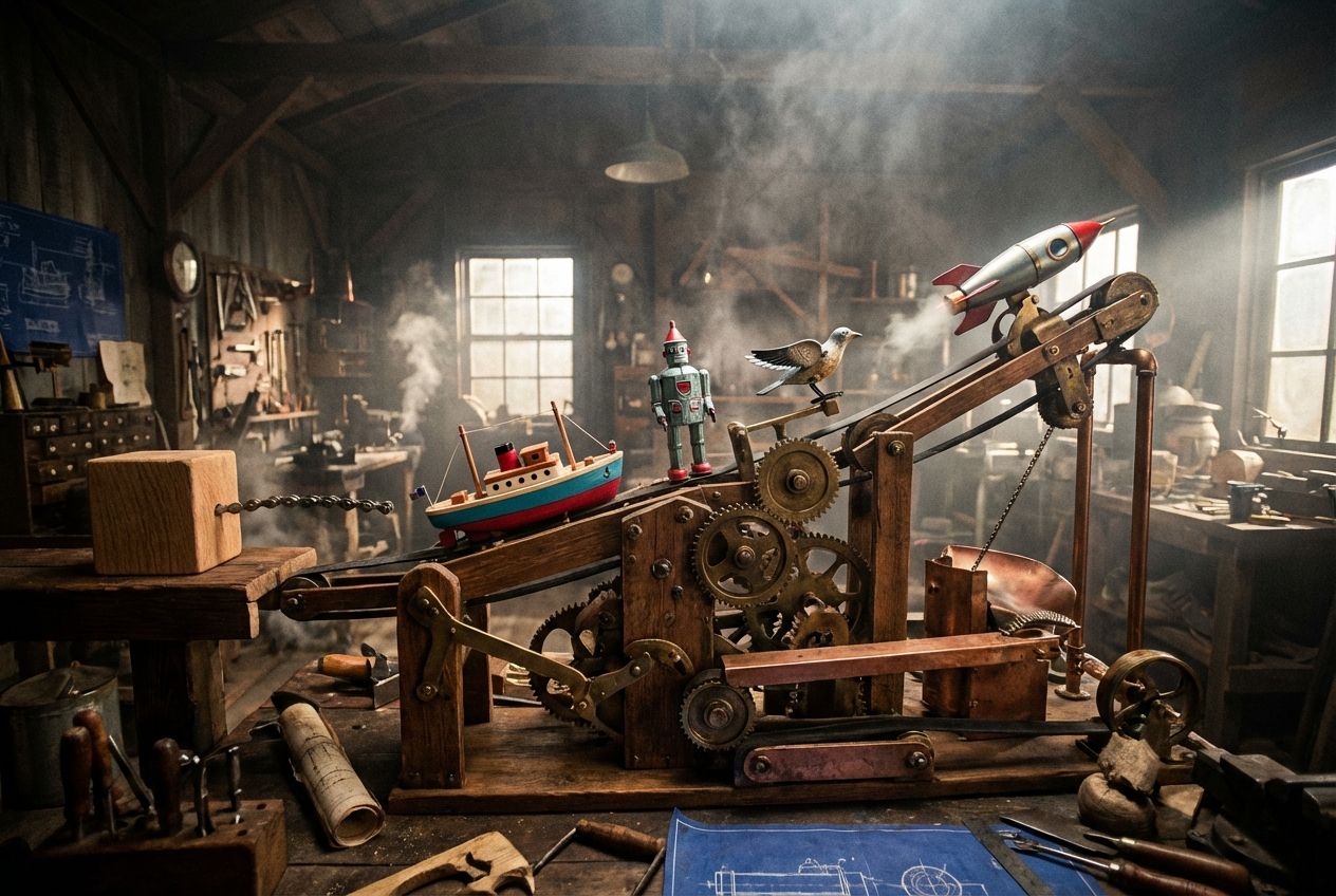A dramatic, wide-angle photograph of an intricate, vintage-style Rube Goldberg machine in a dimly lit, atmospheric workshop. A simple wooden block travels along a complex series of gears, levers, and conveyor belts, undergoing multiple whimsical transformations as it moves from left to right across the 3:2 landscape frame.
