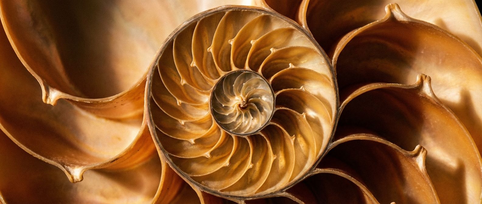 A striking close-up photograph of the intricate interior of a nautilus shell, highlighting its elegant logarithmic spiral chambers. The warm light casts dramatic shadows, emphasizing the repeating, converging pattern towards the shell's central point, captured in a wide, horizontal frame.