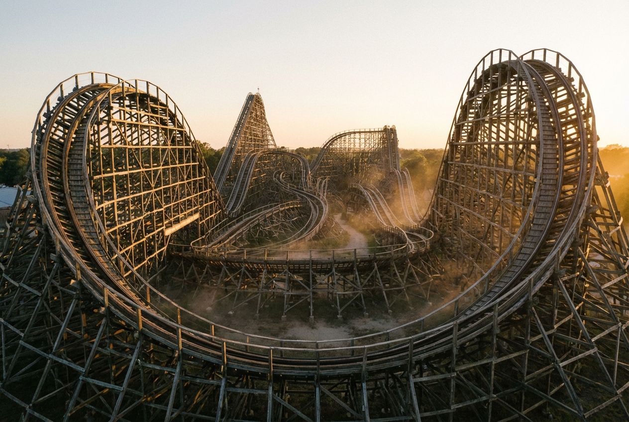 A dramatic, wide-angle photograph of a vintage wooden roller coaster track, featuring a prominent U-shaped dip and an ascending curve. The intricate structure of the tracks winds into the background, suggesting various complex paths, all bathed in the warm light of a setting sun, 3:2 landscape.