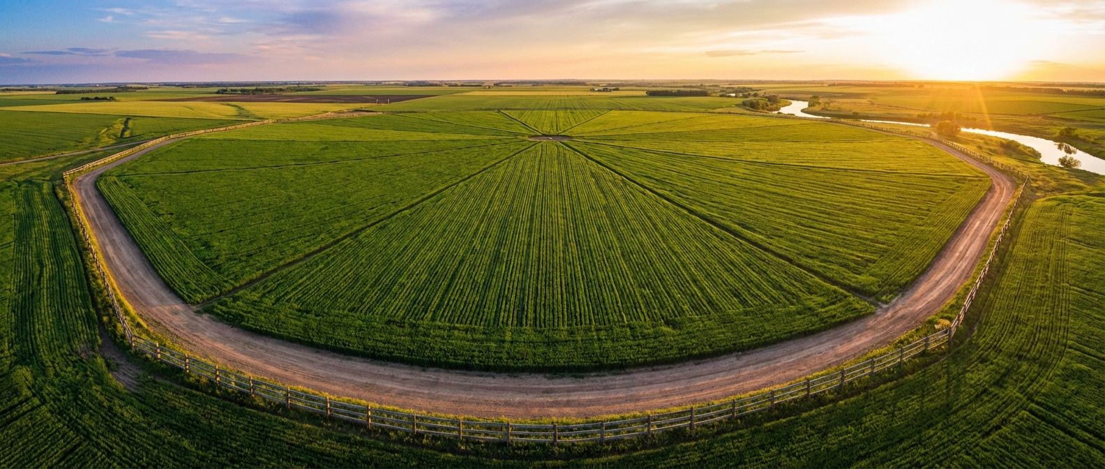 A wide-angle, aerial photograph of a vast, geometrically shaped agricultural field at sunset. A clear dirt path or fence line defines the field's perimeter, while the vibrant green crops inside represent the area, all bathed in dramatic golden hour lighting.