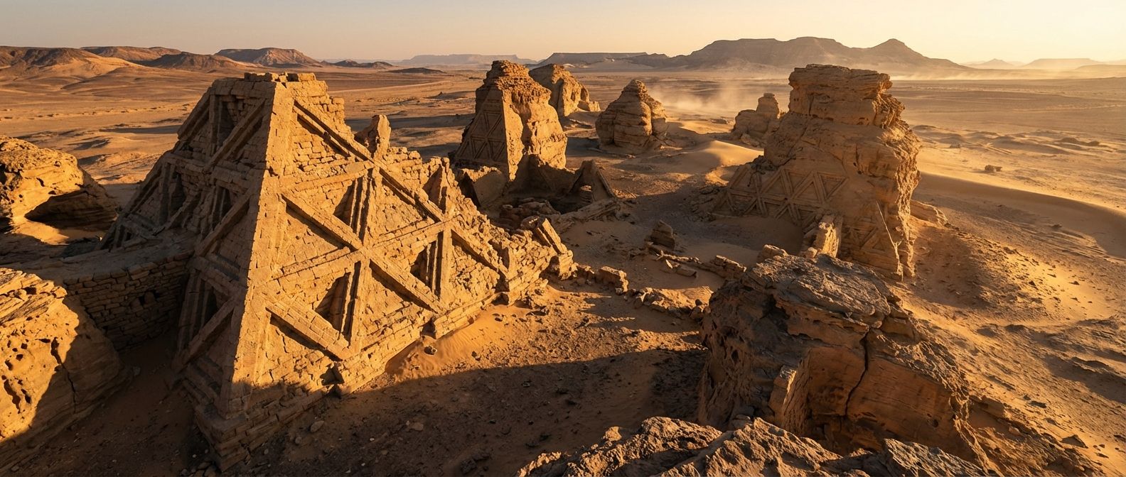 A dramatic wide-angle photograph of ancient, weathered stone ruins or natural rock formations in a vast desert landscape. The structures display intricate, non-right-angled triangular patterns and eroded edges, casting long, deep shadows under the golden light of a setting sun, evoking a sense of complex geometry and hidden dimensions.