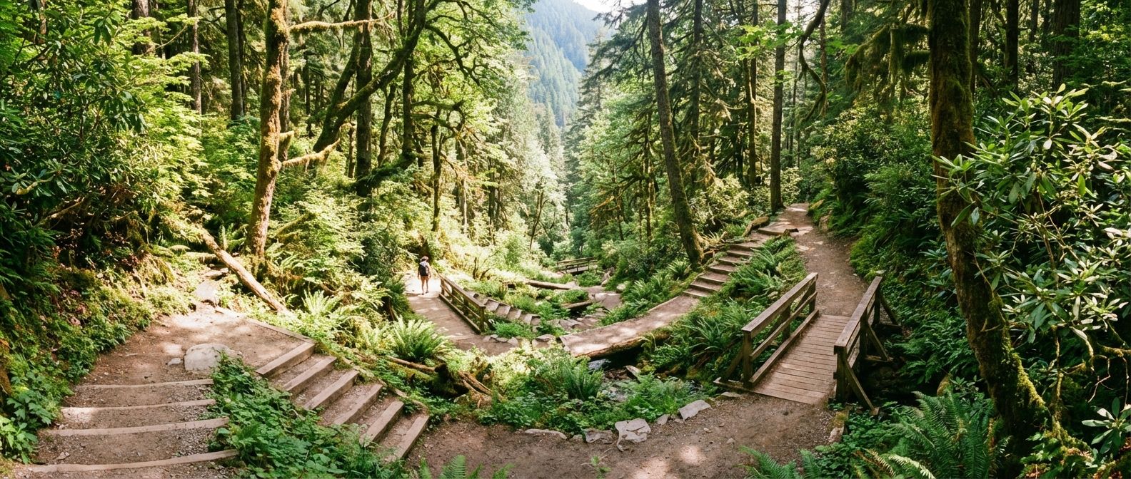 A winding hiking trail through a sun-drenched, lush green forest, with distinct segments and turns that suggest a journey with both horizontal and vertical displacement. The path recedes into the distance, conveying magnitude, in a wide, horizontal shot.