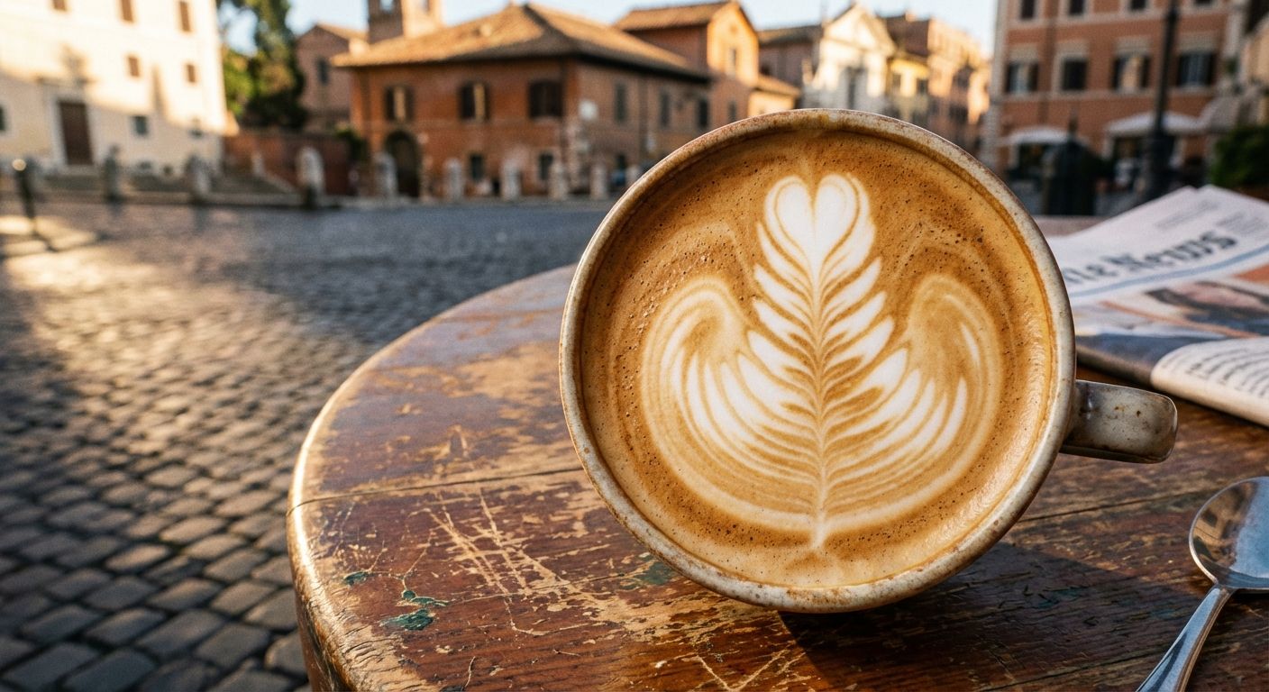 A top-down, extreme close-up photograph of a perfectly crafted cappuccino with delicate latte art, resting on a rustic wooden table outside a charming Roman cafe. In the softly blurred background, historic Italian architecture and the warm glow of morning light hint at the bustling city awakening.