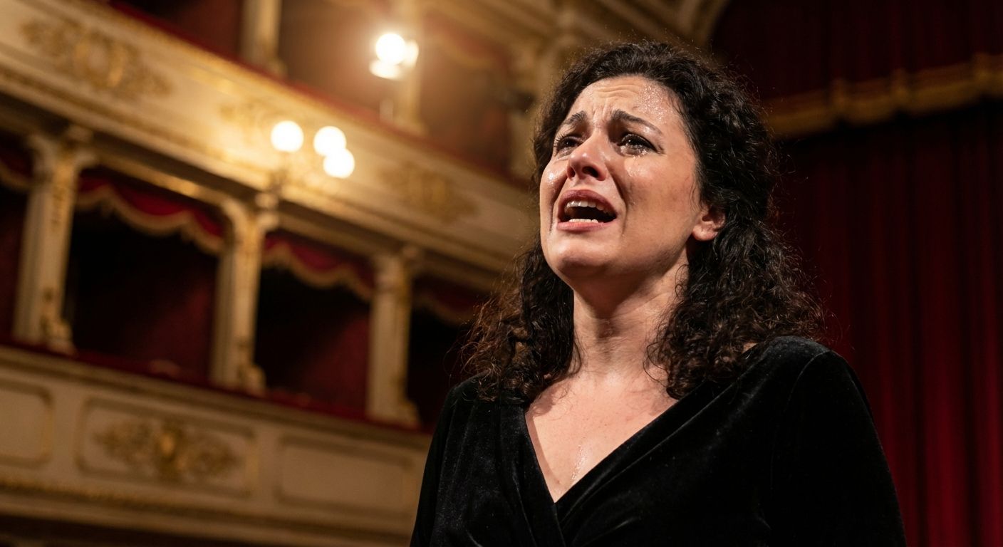 A dramatic, close-up photograph of an opera singer mid-performance, their face conveying intense emotion and the power of their voice. The theatrical lighting highlights their expression against a softly blurred, opulent Italian opera house background.
