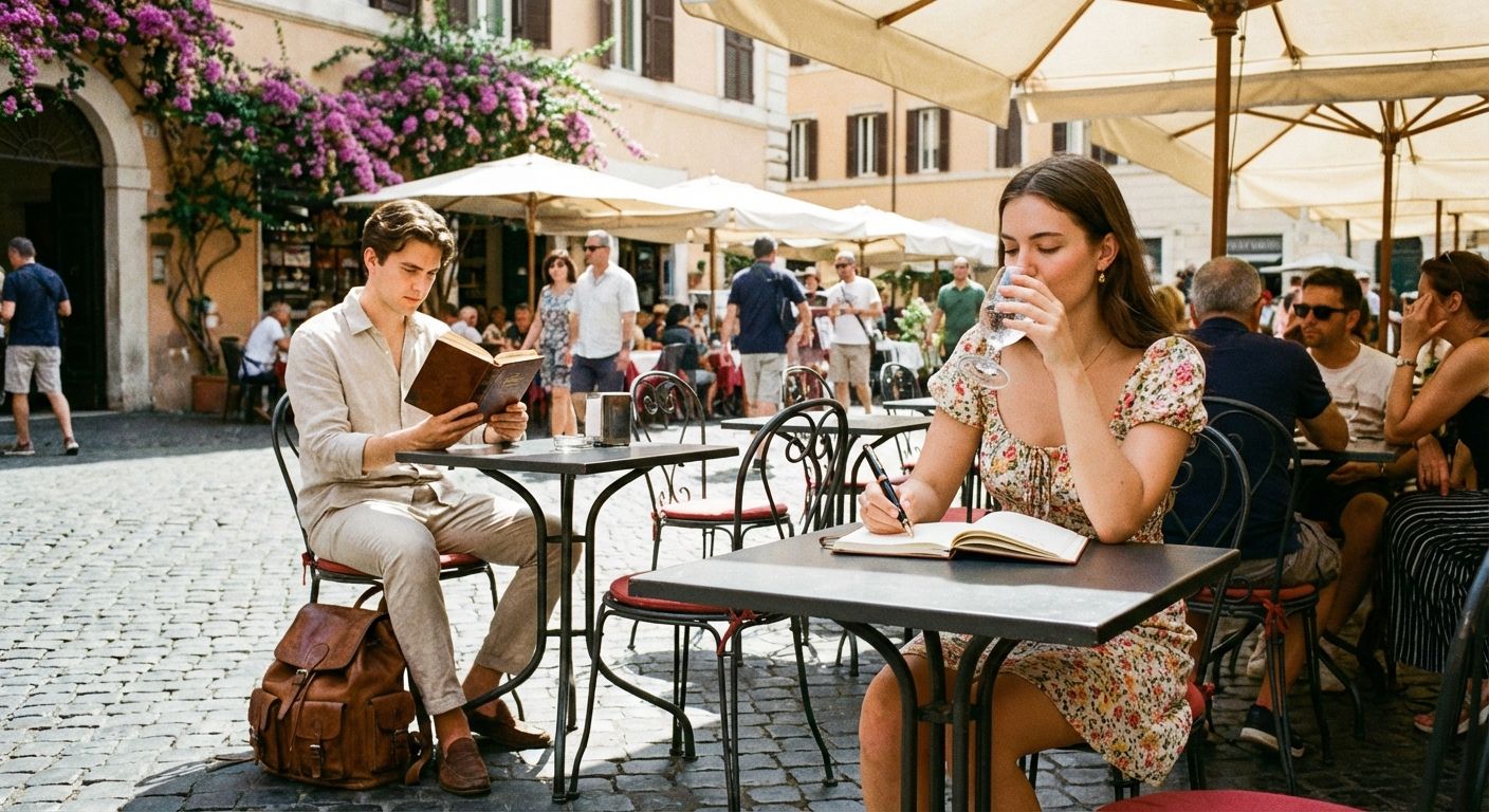 A vibrant, sun-drenched scene at an outdoor Italian cafe. A young man sits at a small table with a classic leather-bound book and a vintage leather backpack, while at an adjacent table, a young woman sips from a glass of sparkling water, an elegant pen poised over a notebook.