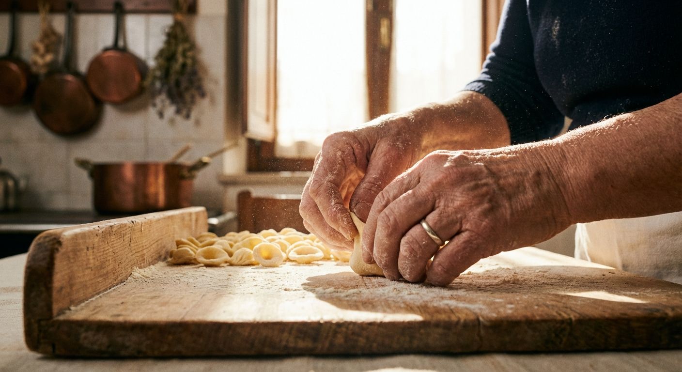 A dynamic, close-up photograph of an Italian artisan's hands, covered in flour, expertly shaping fresh pasta dough on a wooden board, with warm rays of sunlight streaming into a rustic kitchen. The scene evokes the fundamental act of 'being' a skilled creator and 'having' a cherished craft.