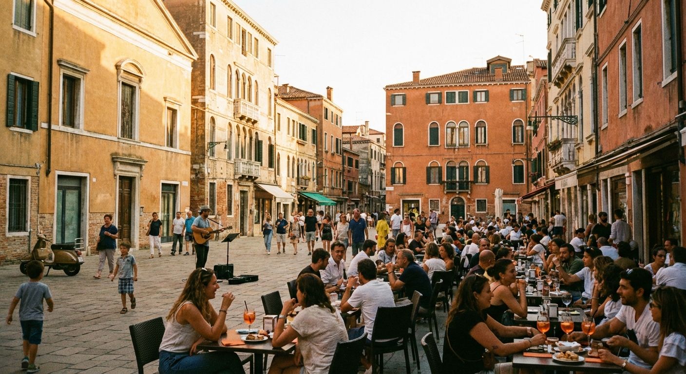 A vibrant, candid photograph of an Italian piazza during golden hour, filled with people enjoying aperitivo, with historical buildings in the background. The warm light casts long shadows, capturing the lively rhythm of Italian daily life.