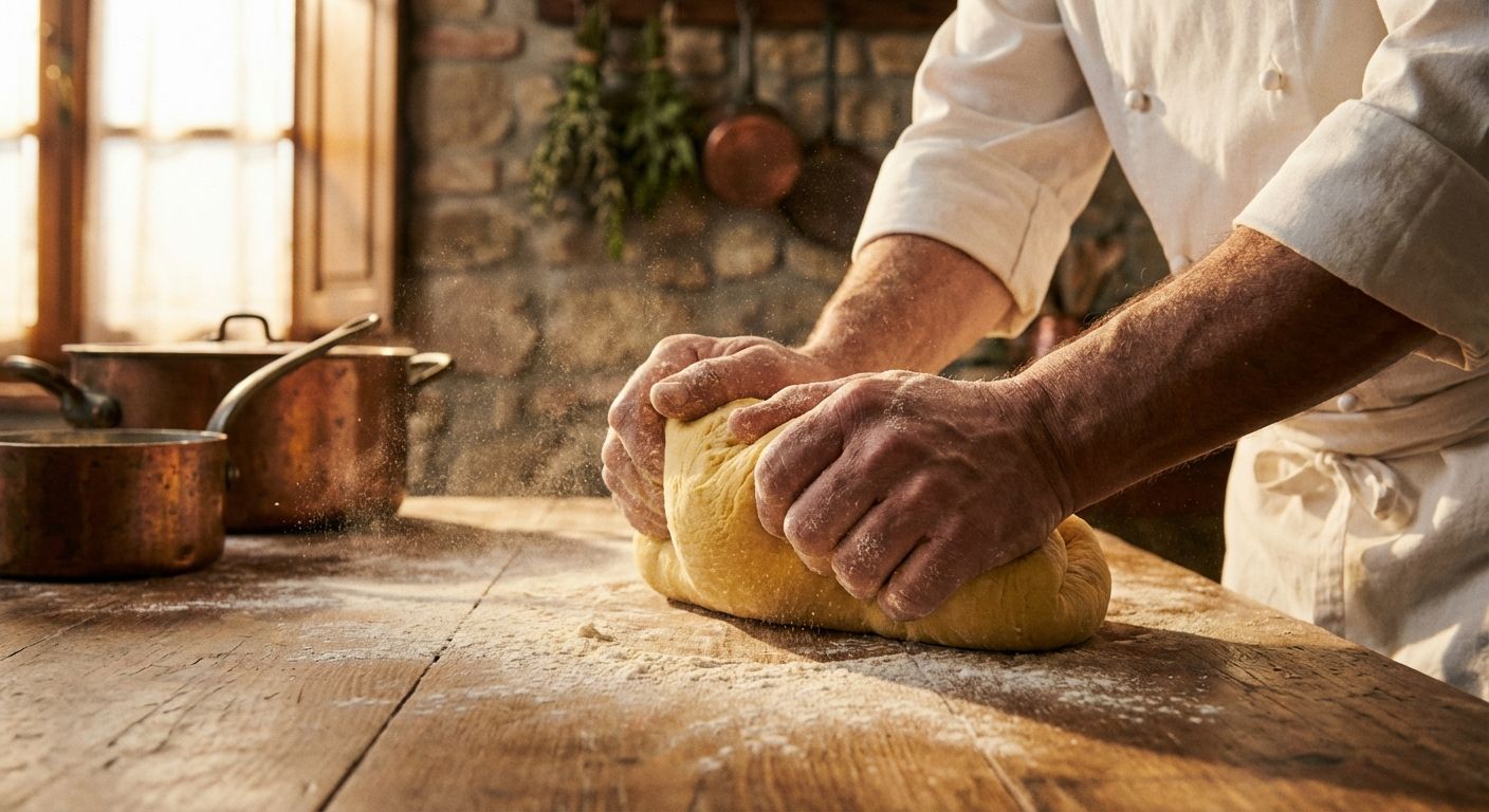A close-up, dramatic photograph of a chef's hands expertly kneading fresh pasta dough on a floured wooden surface in a rustic Italian kitchen, bathed in warm, soft light.