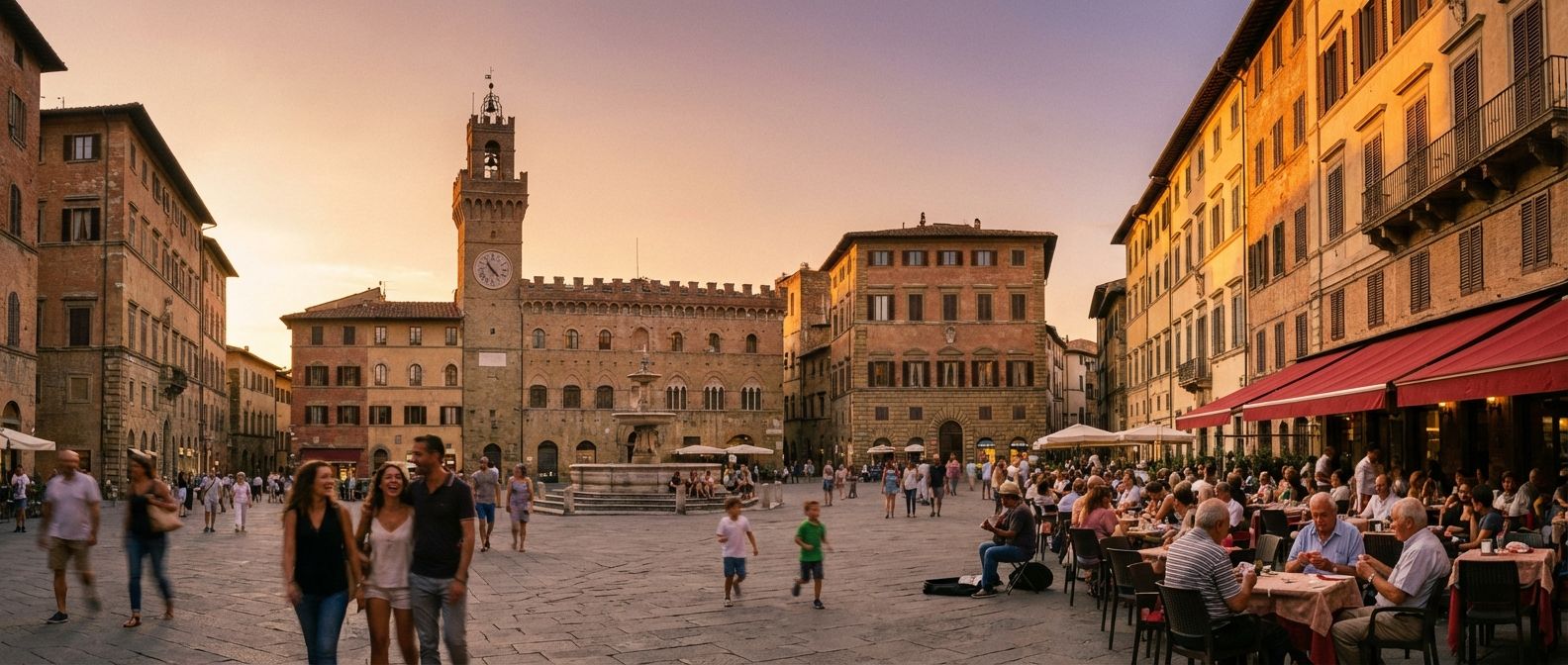 A vibrant, wide-angle photograph of a classic Italian piazza during the golden hour. People are gracefully strolling, engaging in lively conversations, and relaxing at outdoor cafe tables, capturing a sense of movement, social interaction, and tranquil presence amidst historic architecture bathed in warm, soft light.
