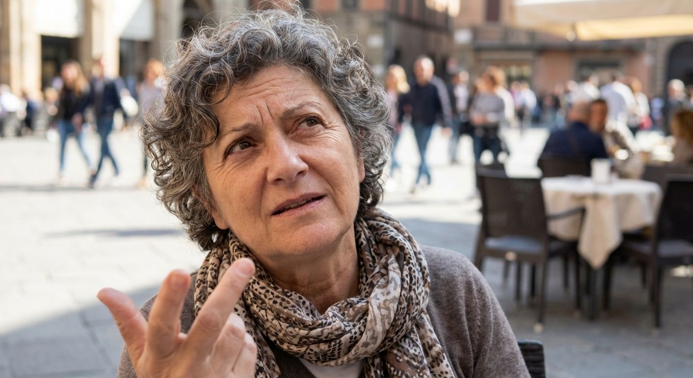A candid, close-up photograph of an Italian person in a vibrant piazza, mid-conversation, their expressive face conveying a sense of curiosity and a subtle upward glance, capturing the moment of asking a question. Shot with natural light and a shallow depth of field.