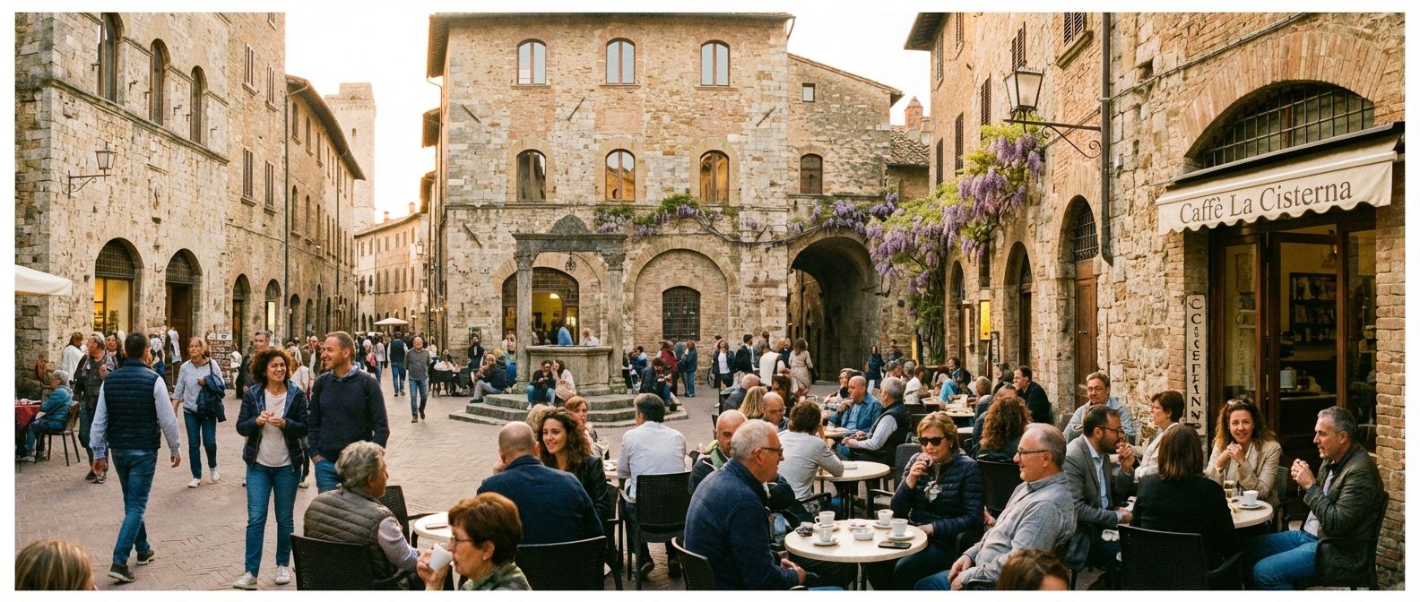 A vivid, wide-angle photograph of a charming Italian piazza during golden hour, with people socializing, walking between historic buildings, and enjoying espresso at outdoor cafes. The scene subtly emphasizes the dynamic relationships and connections between people and their surroundings.