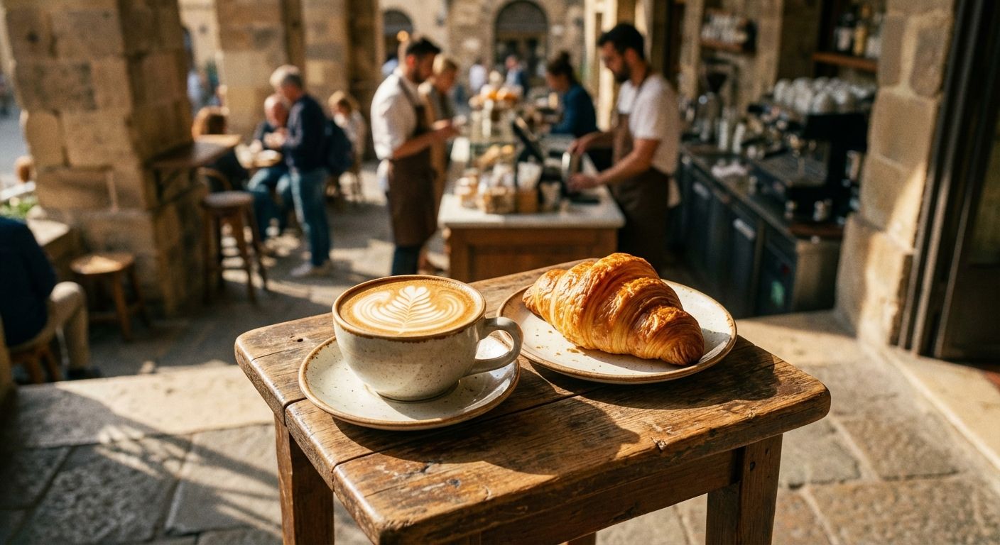 A close-up, high-angle photograph of a perfectly crafted cappuccino with beautiful latte art and a golden, flaky cornetto on a small rustic wooden table, bathed in warm morning sunlight in a bustling Italian café.