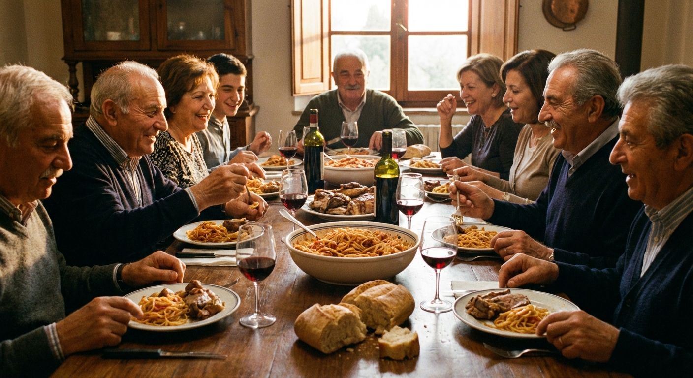 A vibrant, multi-generational Italian family enjoying a boisterous dinner in a rustic Italian home. Close-up on the long wooden table laden with shared dishes of pasta, wine, and bread, with individual hands reaching for their plates and glasses, emphasizing a sense of belonging and shared possessions. The scene is bathed in warm, golden hour light.
