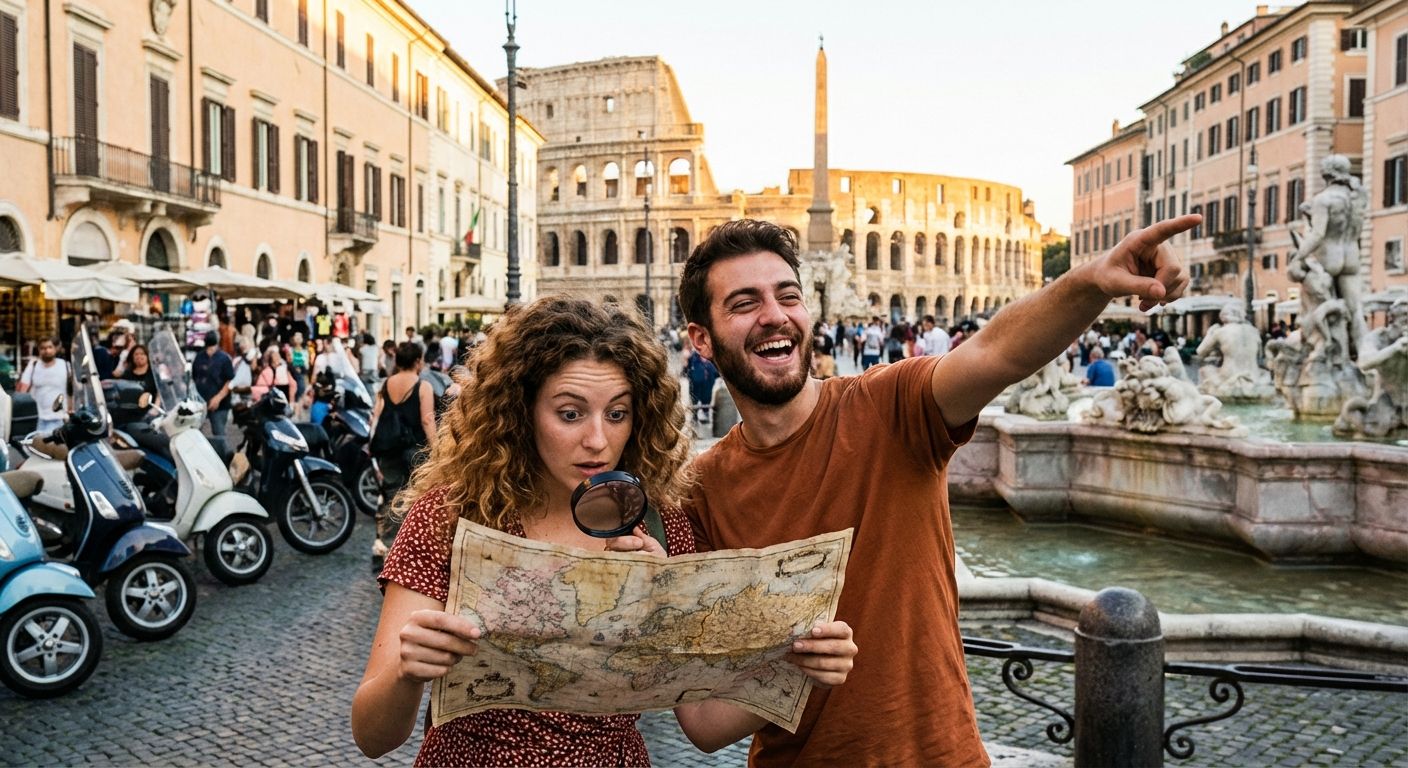A dynamic photograph of two young Italian friends in a bustling piazza in Rome. One friend is intently examining a detailed map held close in their hands, while the other is looking up and gesturing towards a distant, majestic ancient Roman ruin bathed in warm golden hour light.