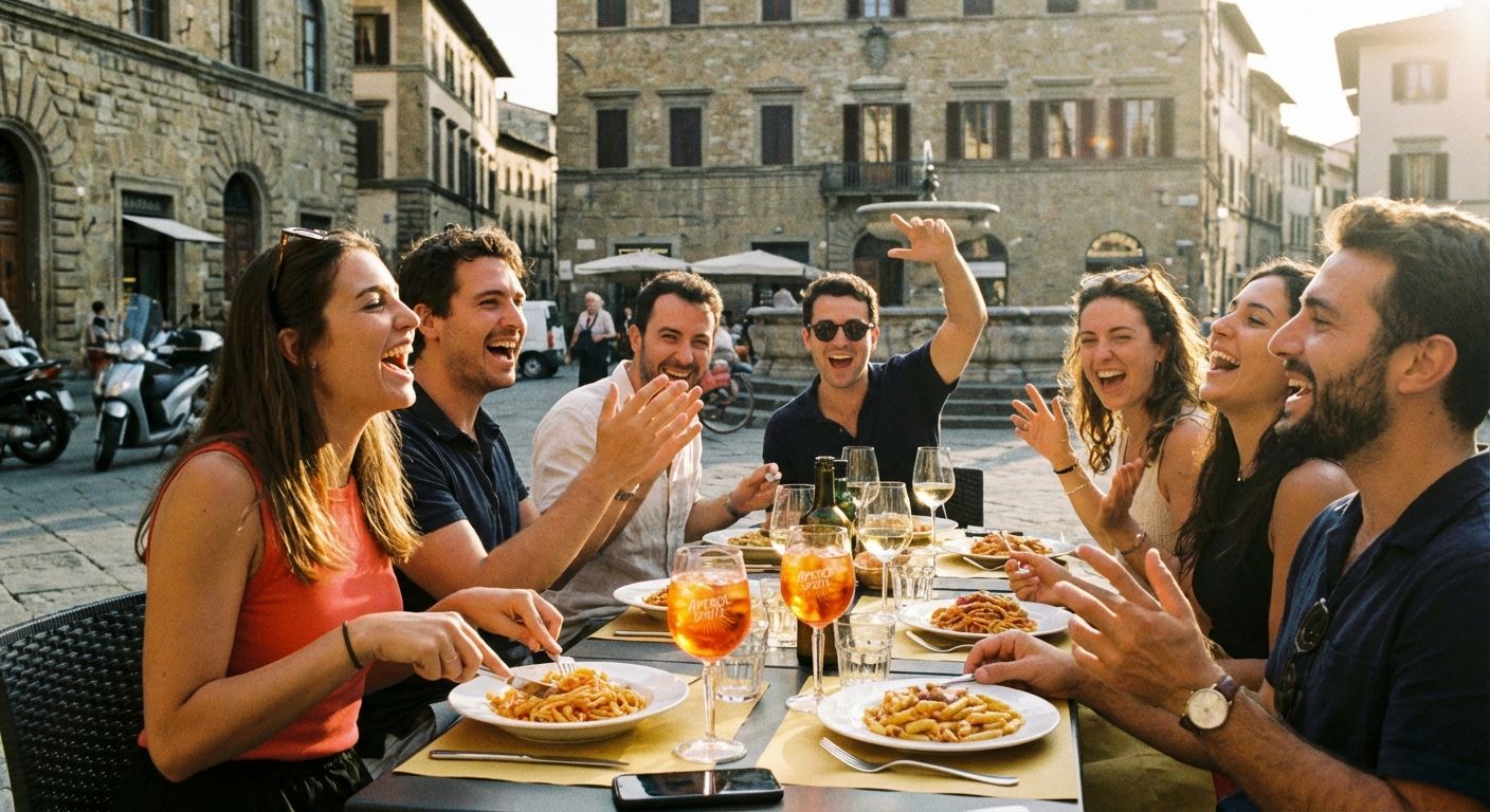 A vibrant, candid photograph of a group of Italian friends laughing and conversing animatedly at an outdoor café or trattoria in a picturesque Italian piazza during golden hour, with plates of pasta and glasses of aperitivo on the table, capturing the joyful essence of daily life and shared hobbies.