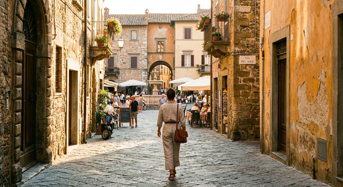 A vibrant photograph of a narrow, sun-drenched cobblestone street in a historic Italian town, with a person walking confidently towards a lively piazza visible in the distance. The warm light highlights the detailed architecture and the sense of an unfolding journey through the town.