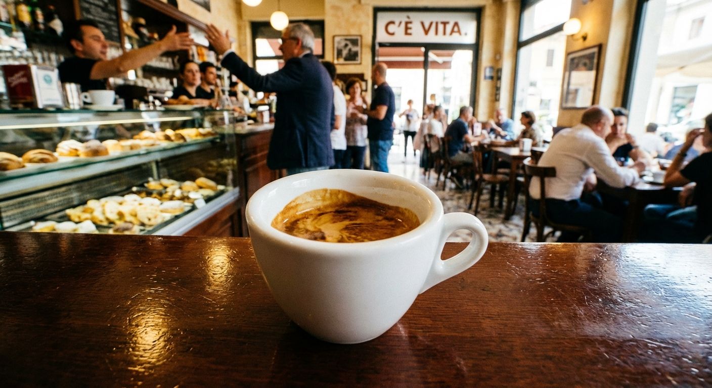 A dramatic close-up photograph of a single, perfectly poured espresso in a white ceramic cup on a polished wooden counter in a bustling Italian cafe. In the soft-focus background, many people are chatting, several pastries are displayed in a glass case, and various tables and chairs are visible, capturing the lively atmosphere of 'c'è' and 'ci sono'.