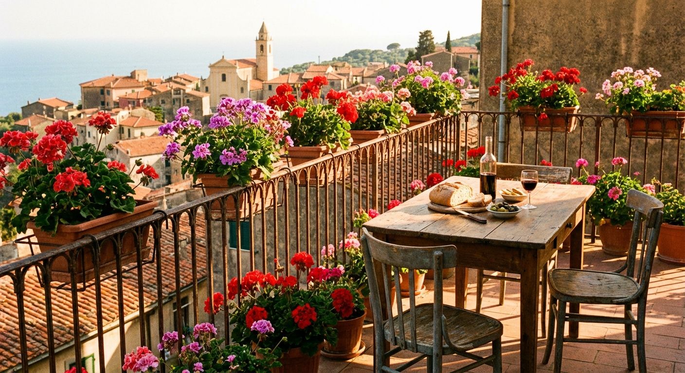 A vibrant photograph of a sun-drenched Italian balcony, adorned with colorful geraniums cascading over the railing, featuring a rustic wooden table and chairs, with a picturesque view of a charming Italian village in the background. The light is warm and inviting.