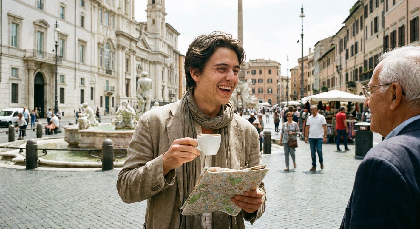 A candid photograph of a young person with a confident and engaged expression, standing amidst the lively atmosphere of a sun-drenched Italian piazza. They are perhaps holding a cup of coffee or looking at a street map, embodying the successful navigation of simple, everyday Italian situations. Historic architecture and bustling street life surround them.