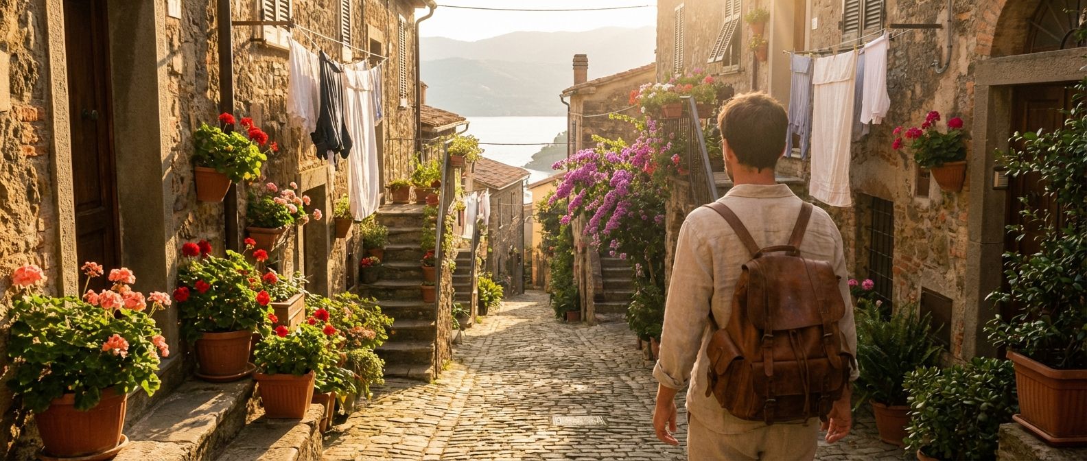 A wide-angle, sun-drenched photograph of a person in the foreground, confidently stepping onto a charming, narrow cobblestone alley in a small Italian village. The path winds slightly into the distance, framed by ancient stone buildings adorned with colorful flowers and laundry, bathed in warm afternoon light, evoking a sense of exciting journey and discovery.