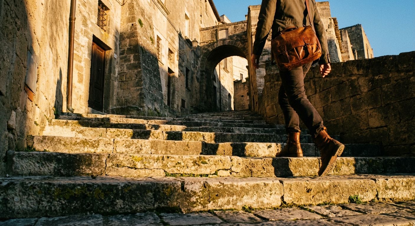 A low-angle, dramatic photograph captures a person confidently ascending ancient, sun-drenched stone steps in a picturesque Italian hill town, emphasizing the sturdy foundation and upward journey. Golden hour light casts deep shadows and highlights rich textures.