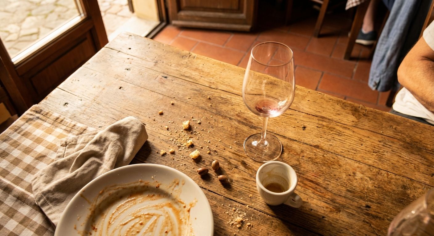 A close-up, top-down photograph captures a rustic wooden table in an Italian trattoria after a delightful meal, with a few remaining crumbs on a plate, a crumpled napkin, and an empty wine glass. The scene is bathed in warm, inviting natural light, evoking a sense of a pleasant, completed past action.