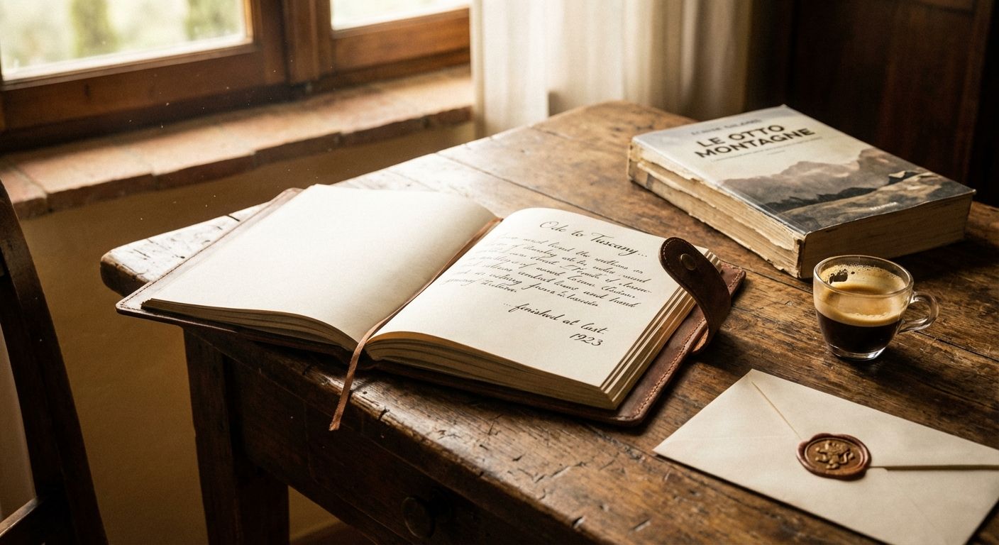 A dramatic close-up photograph of a rustic wooden desk in an Italian villa, bathed in soft morning light. An open, leather-bound journal displays elegant handwritten script, alongside a well-read book, a half-empty espresso cup, and a beautifully sealed letter. The scene evokes a sense of completed thoughts and actions, with rich textures and warm tones.