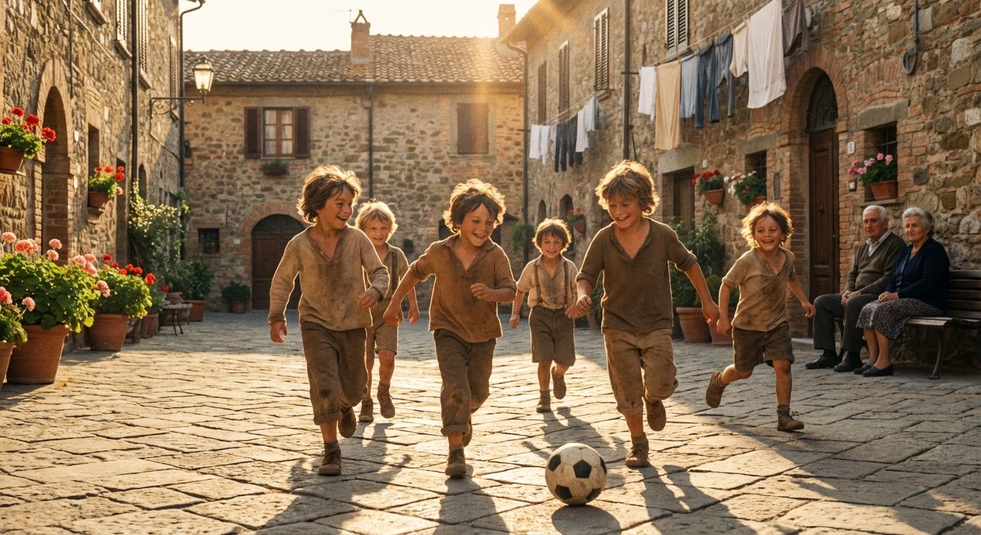 A candid, warm photograph of Italian children playing joyfully in a sun-drenched, cobblestone piazza in a historic Italian village, evoking a sense of timeless childhood memories and past habitual actions. Golden hour light.