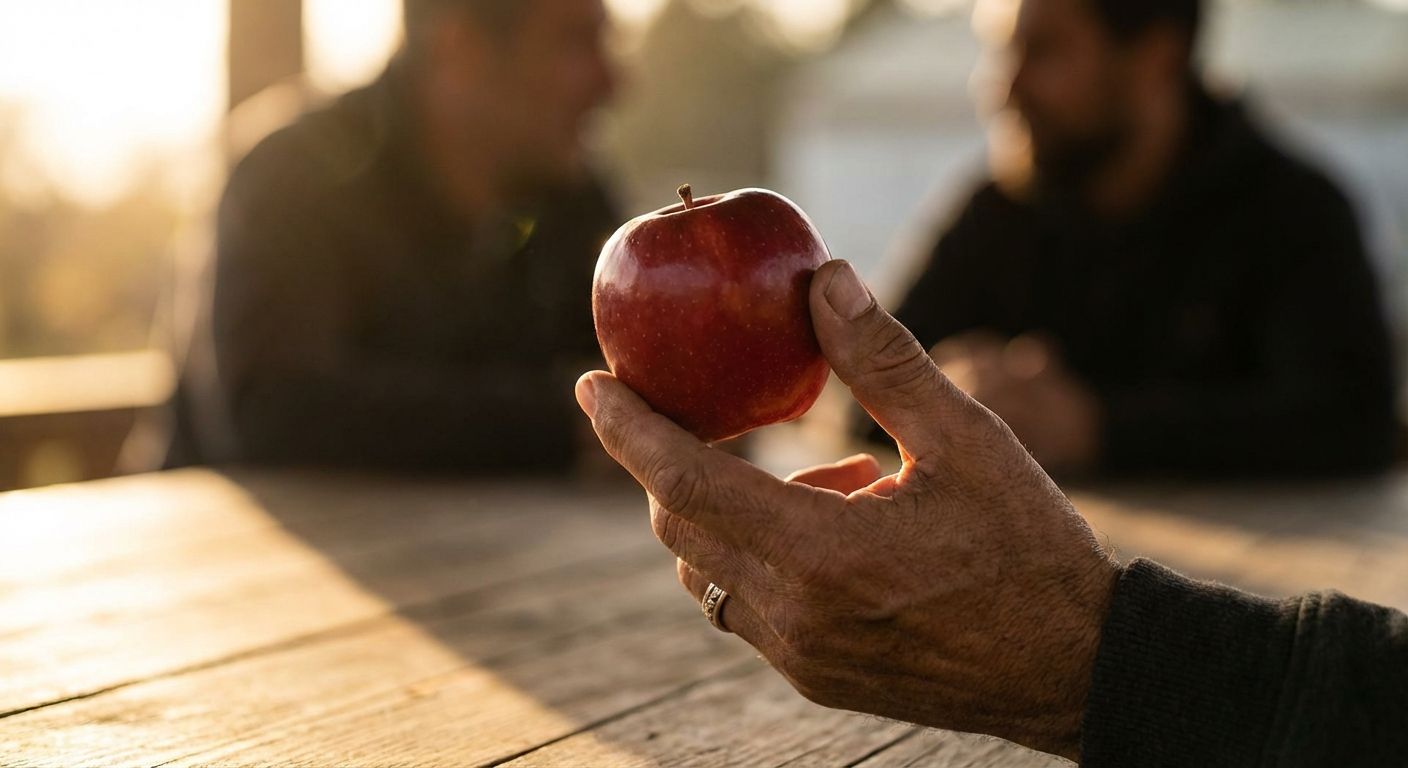 A close-up, dramatic photograph of a single, vibrant red apple held delicately by an elegant Italian hand, positioned as if seamlessly connecting two parts of a conversation or thought, bathed in warm, inviting light.
