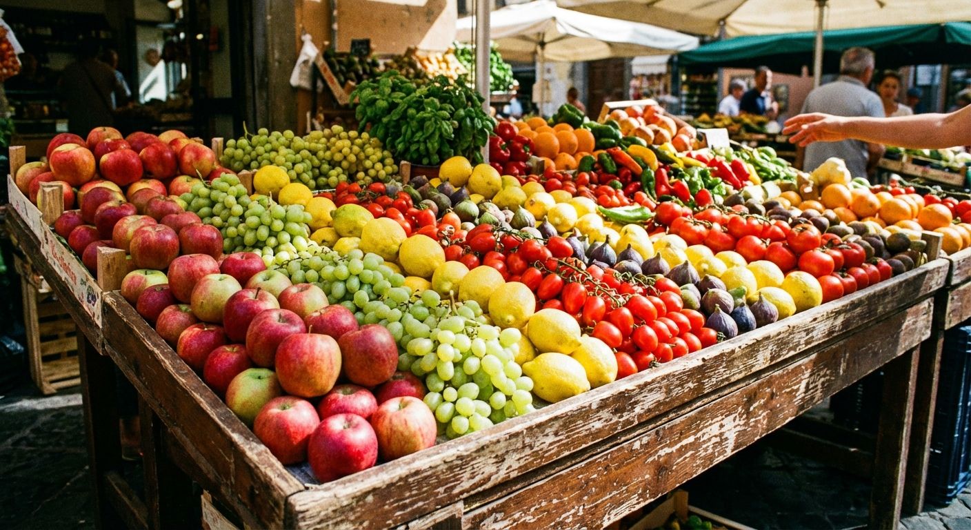 A vibrant, top-down, close-up photograph of a colorful array of fresh Italian produce (like red apples, green grapes, yellow lemons, and bright red tomatoes) artfully arranged on a rustic wooden market stall. The background is softly blurred, hinting at the bustling atmosphere of an outdoor Italian market, capturing the essence of 'there' and 'of them'.