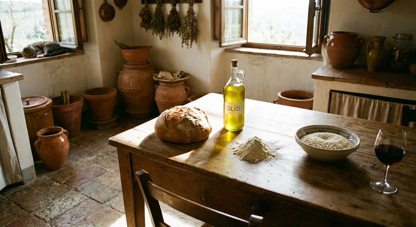 A rustic wooden table in a sunlit Italian kitchen, showcasing a beautiful array of ingredients: a freshly baked loaf of crusty bread, a glass bottle of olive oil, a small pile of flour, a bowl of uncooked rice, and a glass of red wine. The scene, bathed in warm natural light, evokes the simple pleasure of having "some" of each essential component for an Italian meal.