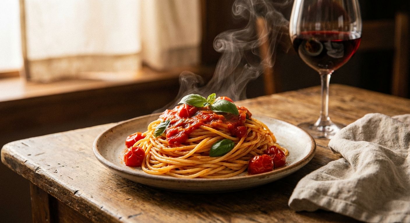 A dramatic close-up photograph of a perfectly plated dish of fresh, vibrant spaghetti al pomodoro, steam gently rising, on a rustic wooden table in an Italian trattoria. A half-filled glass of red wine and a linen napkin are visible in the soft, warm light.