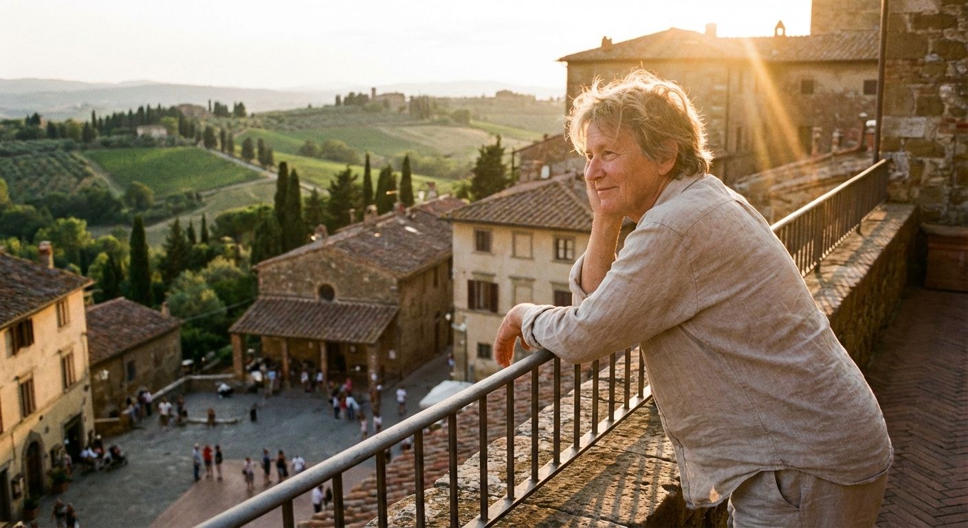 A candid, sun-drenched photograph of an individual standing on a scenic Italian balcony or terrace, looking out over a picturesque landscape of rolling hills or a bustling piazza. Their posture and gaze suggest a moment of gentle contemplation, perhaps imagining different possibilities or making a polite, unspoken wish about what *could* be, with soft, golden hour light.