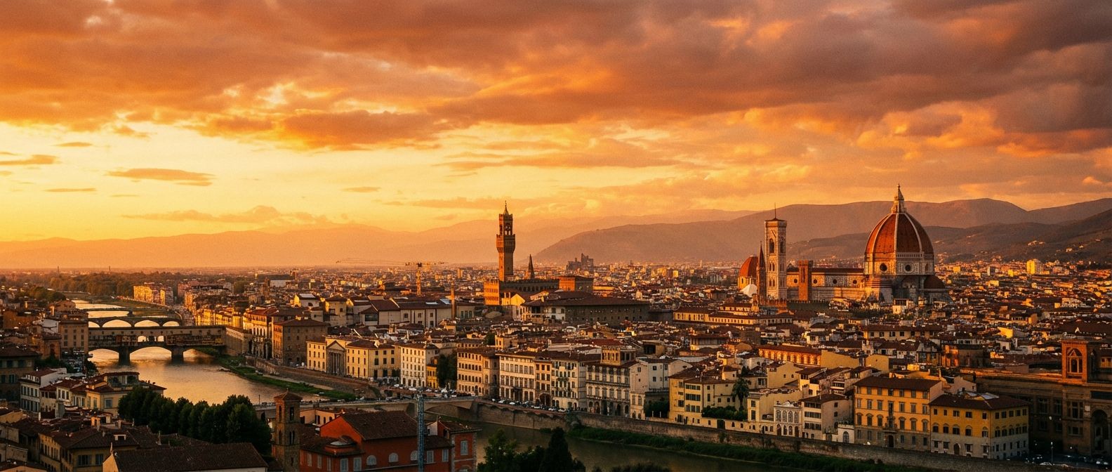 A dramatic wide-angle photograph of the Florence skyline at sunset, with the Duomo prominently towering above other buildings, bathed in warm, golden light, emphasizing its grandeur and height compared to the surrounding cityscape.