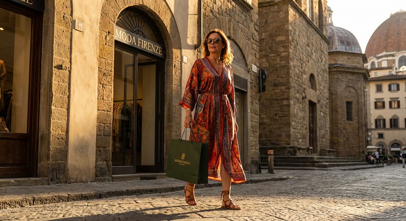 A stylish Italian woman, elegantly dressed in a vibrant dress and chic sandals, steps out of a high-end boutique in Florence, carrying a beautiful shopping bag. Golden hour sunlight bathes the cobblestone street, highlighting the luxurious textures of her clothes and accessories.