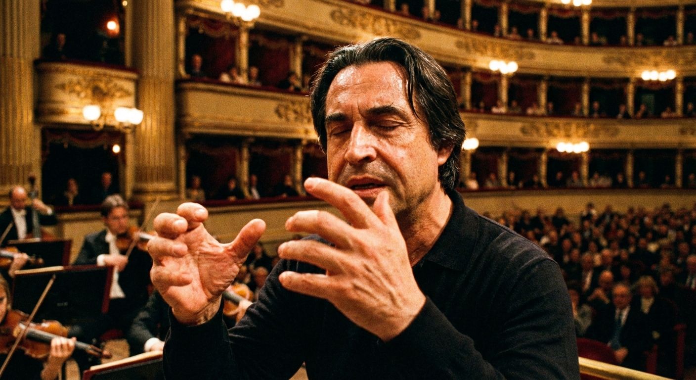 A dramatic, close-up photograph of an Italian orchestra conductor passionately leading musicians in a grand, ornate opera house, their expressive hand gestures clearly directing the performance. The scene is bathed in warm, dramatic stage lighting.