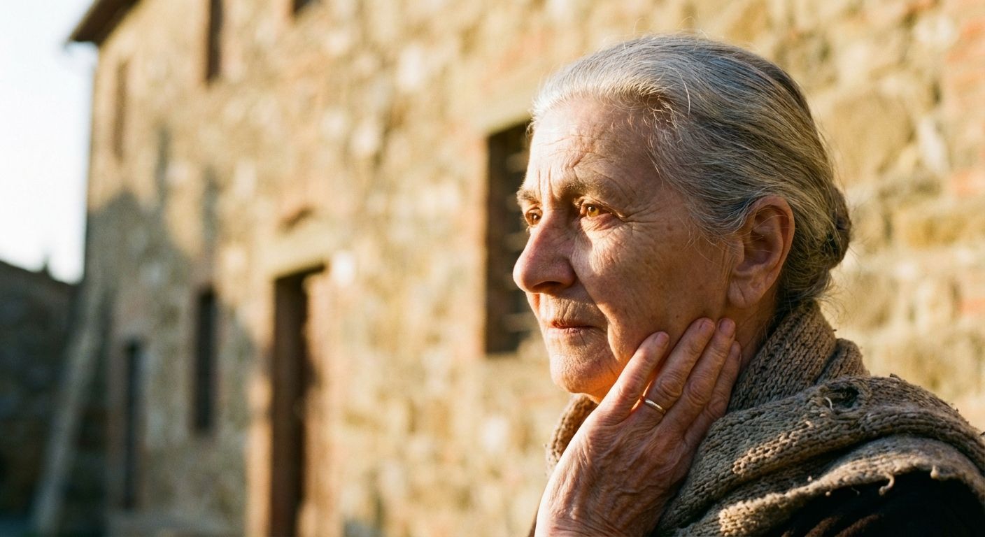 A close-up, artistic photograph of a vibrant Italian person, with their hand gently touching their neck, highlighting the graceful lines of their face, neck, and hand. The scene is bathed in soft, warm natural light, conveying a sense of serene well-being.